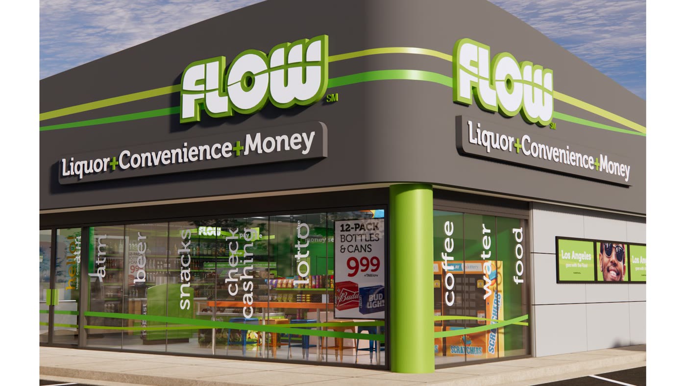 The FLOW store on a corner, with liquor, convenience and money service signage