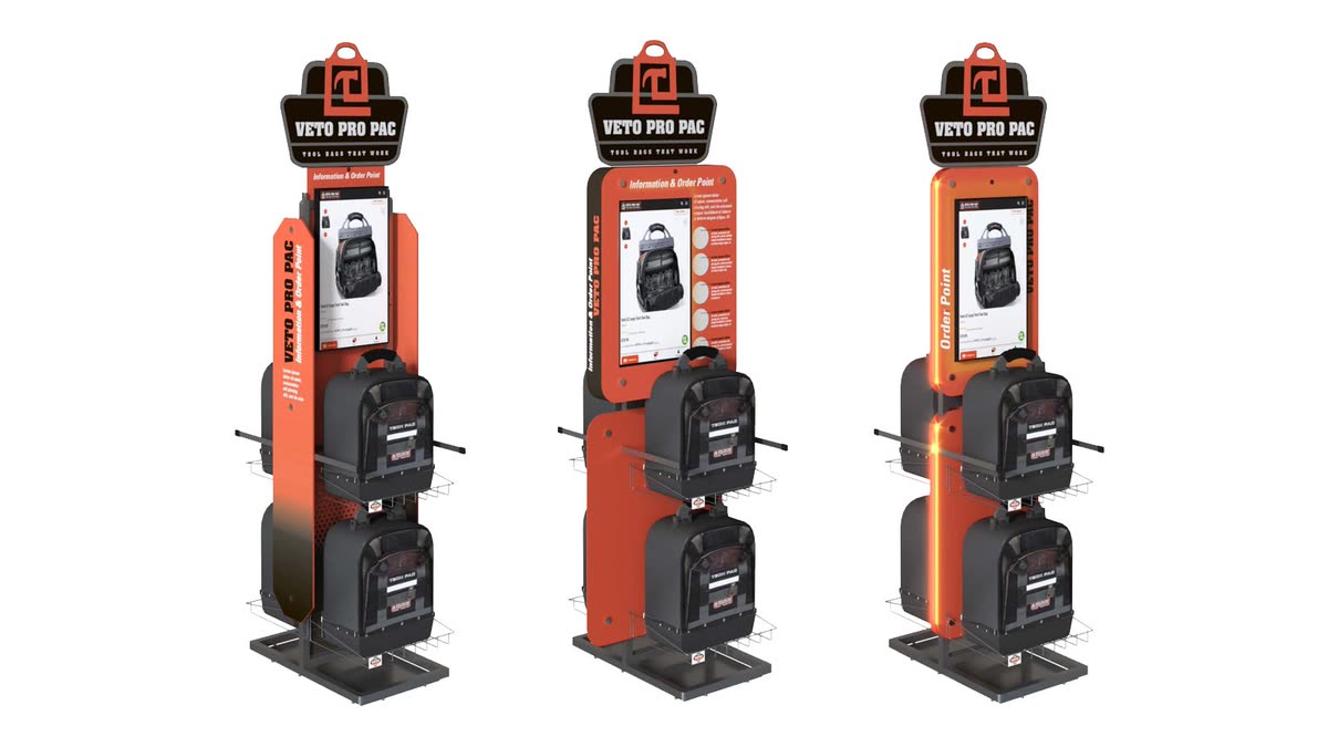 Three VETO Pro Pac point of sale display concepts side by side